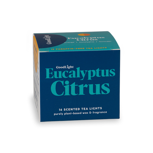 Box of GoodLight Eucalyptus Citrus scented tea lights on a white background