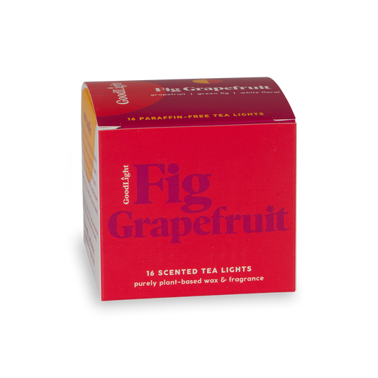 Box of GoodLight Fig Grapefruit scented tea lights on a white background