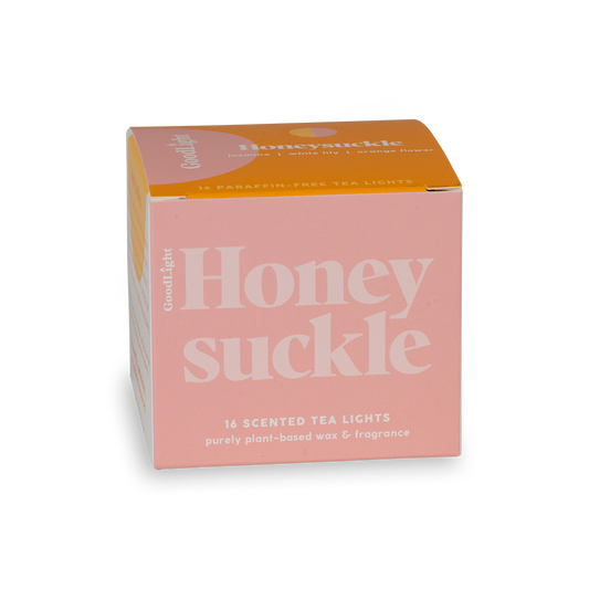 Box of GoodLight 'Honeysuckle' scented tea lights with pink and orange design