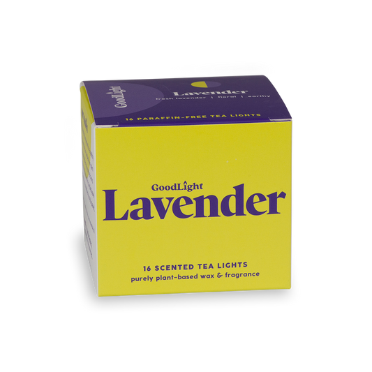 Box of GoodLight Lavender scented tea lights on a white background