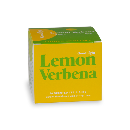 Box of GoodLight Lemon Verbena scented tea lights on a white background