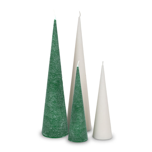 Set of four cone-shaped candles in green and white on a white background.