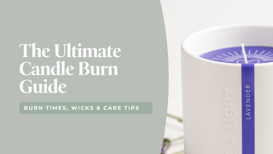 A white ceramic candle with purple accents that say, "Lavender," and a graphic that reads, "The Ultimate Candle Burn Guide"