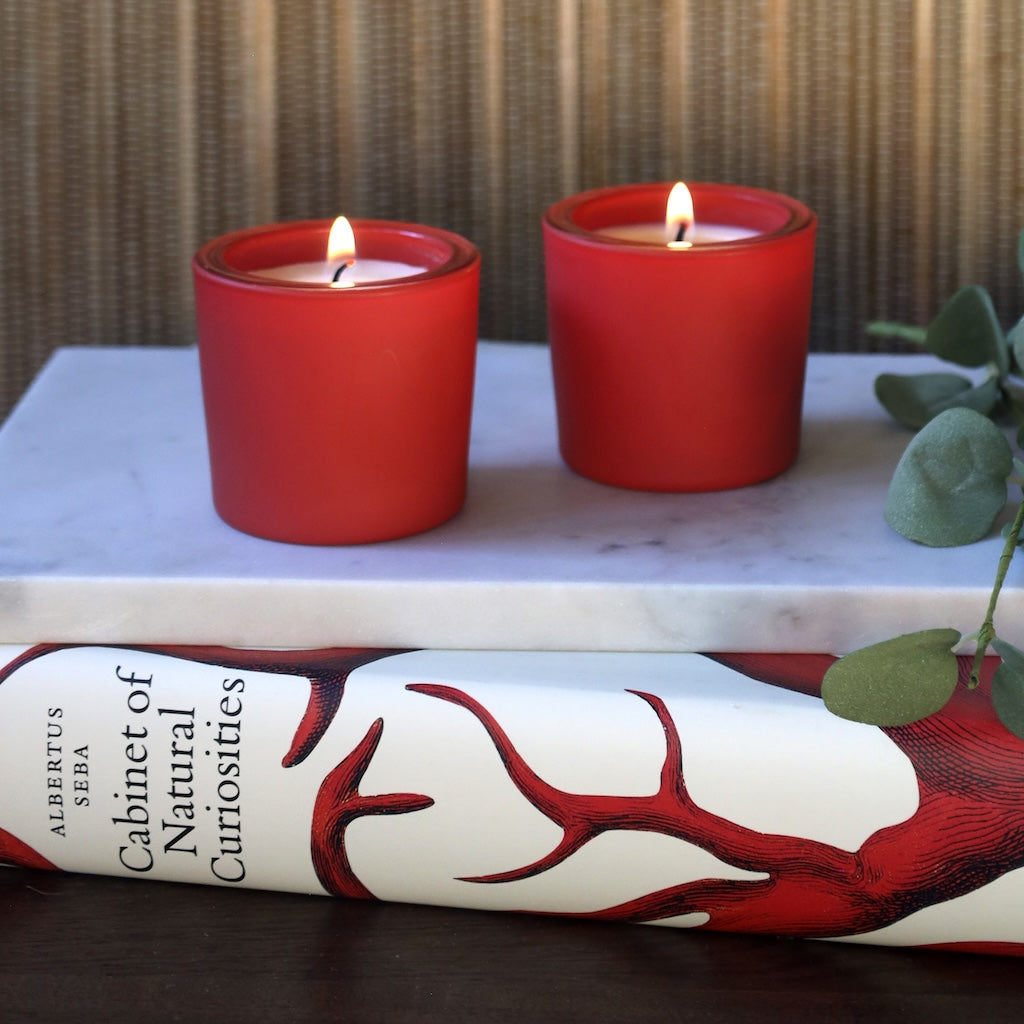 Two red candles burning on a book 