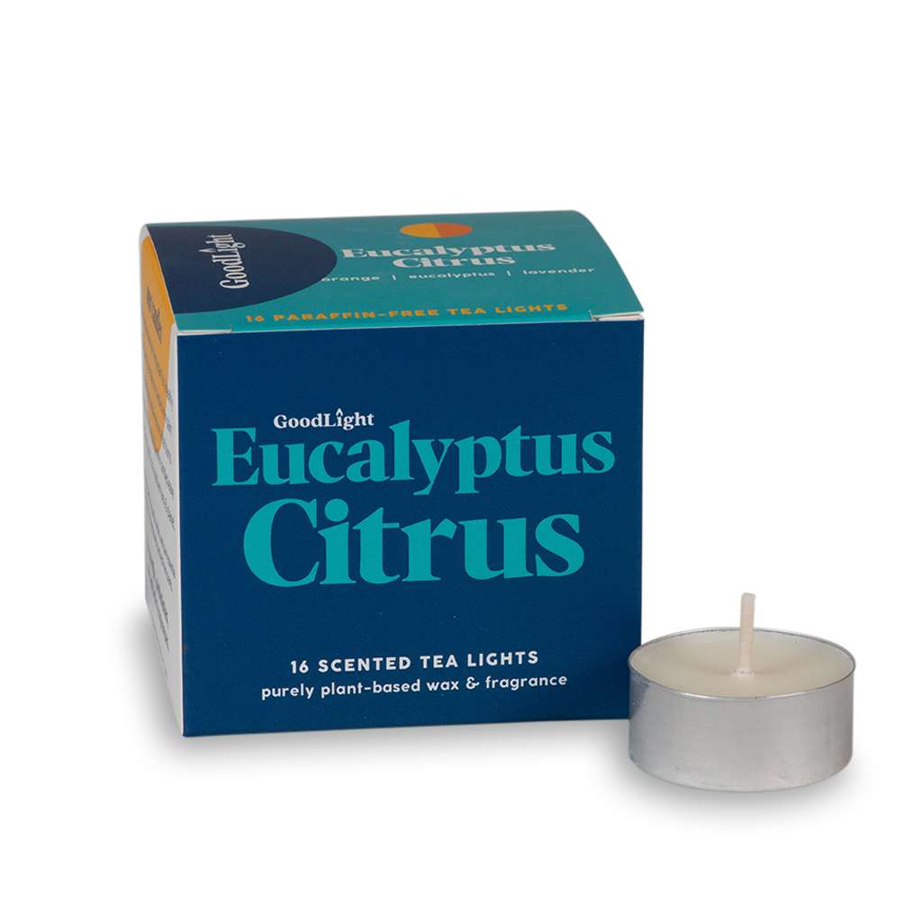 GoodLight Eucalyptus Citrus scented tea light candle with packaging on a white background