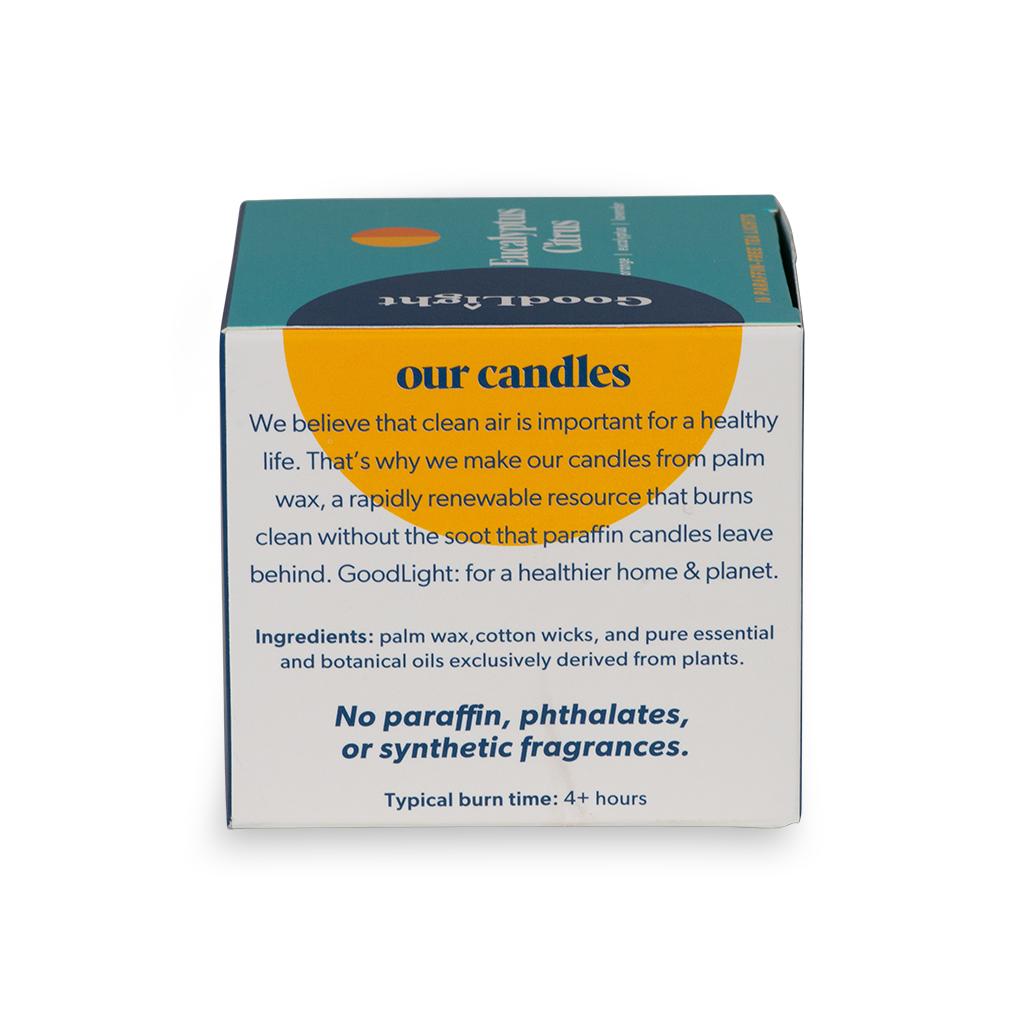 GoodLight candle packaging with text about candle ingredients and benefits on a white background