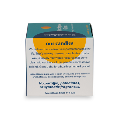 GoodLight candle packaging with text about candle ingredients and benefits on a white background
