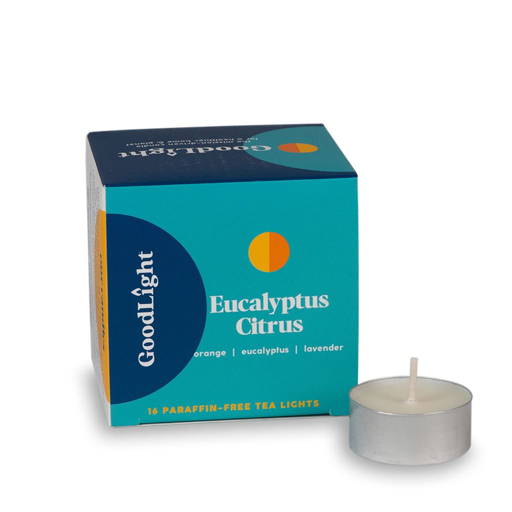 GoodLight Eucalyptus Citrus candle packaging with a single candle on a white background