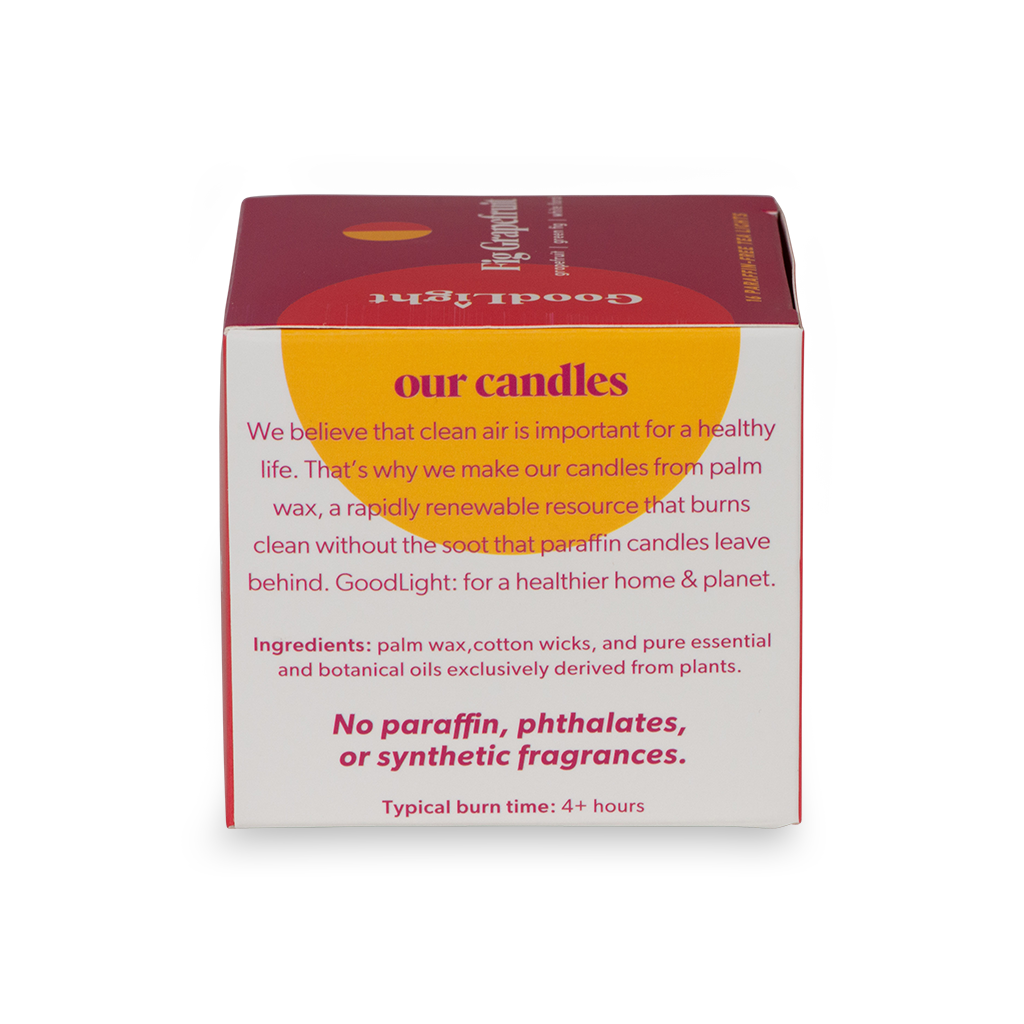 GoodLight candle packaging with text about candle ingredients and benefits on a white background