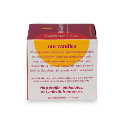 GoodLight candle packaging with text about candle ingredients and benefits on a white background