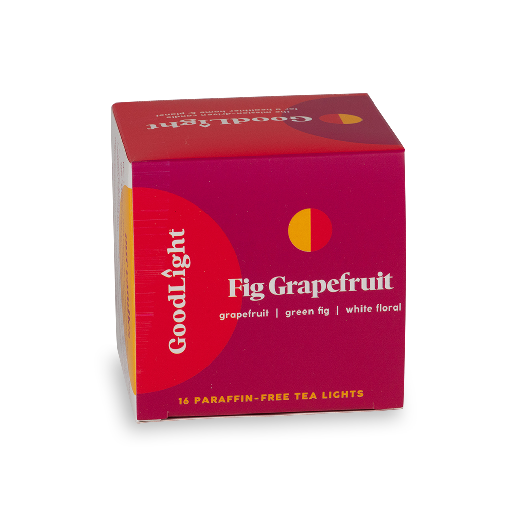 GoodLight Fig Grapefruit tea light packaging on a white background