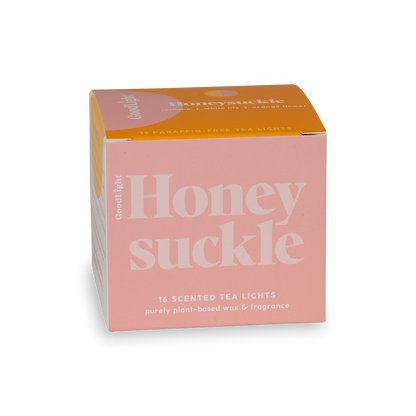 Box of GoodLight 'Honeysuckle' scented tea lights with pink and orange design