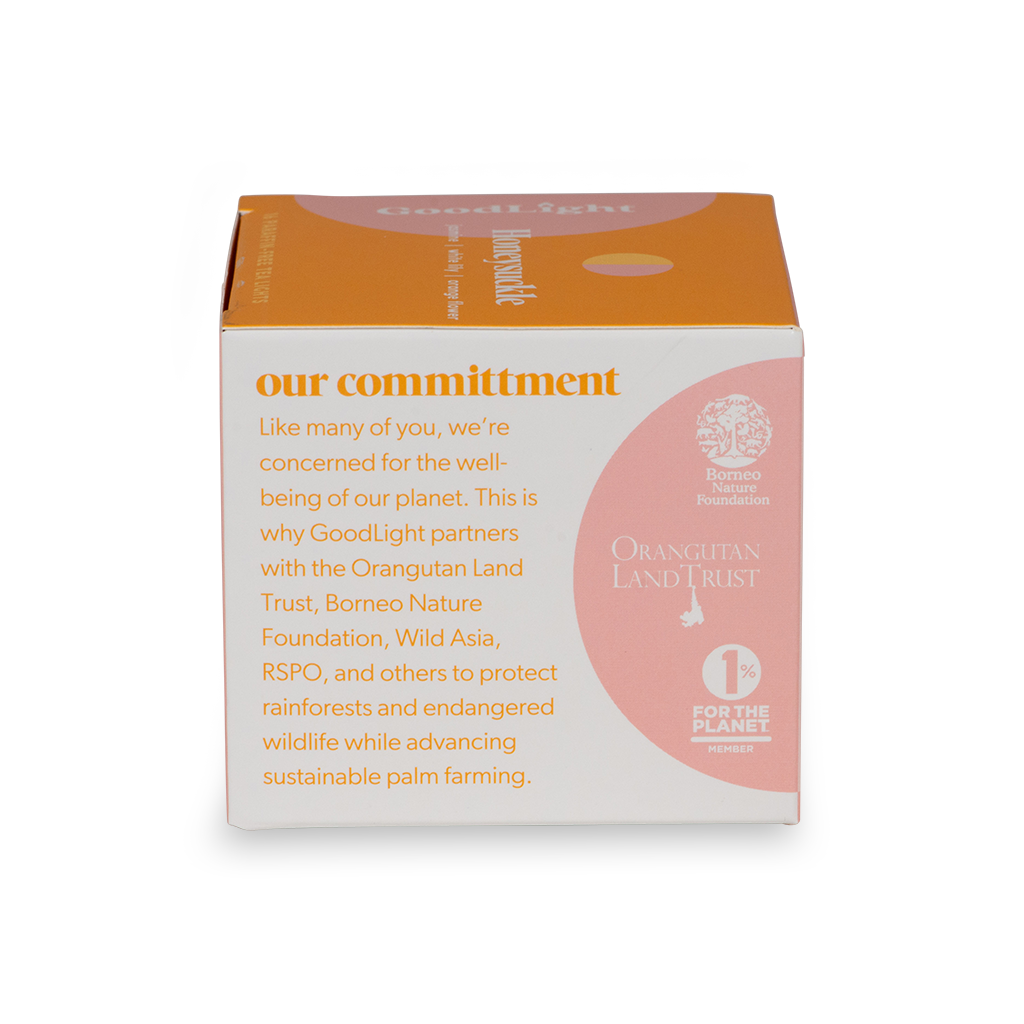 GoodLight product packaging with commitment message and Orangutan Land Trust logo on a white background