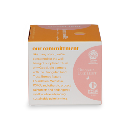 GoodLight product packaging with commitment message and Orangutan Land Trust logo on a white background