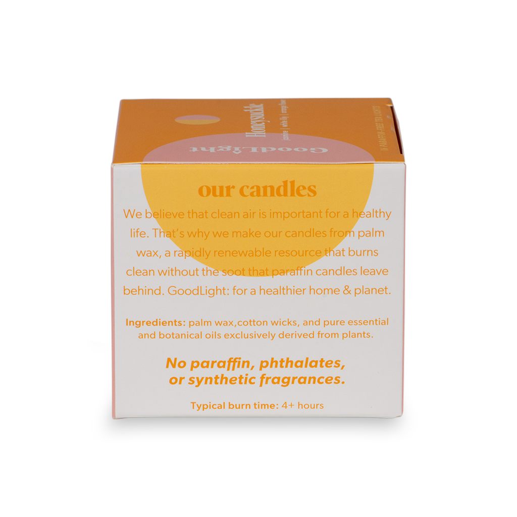 Box of GoodLight candles with text about candle ingredients and benefits on a white background