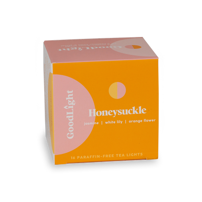 Box of GoodLight Honeysuckle tea lights on a white background