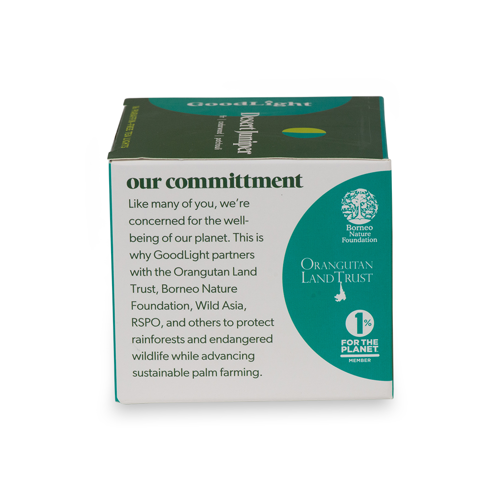 GoodLight product packaging with environmental commitment text on a white background