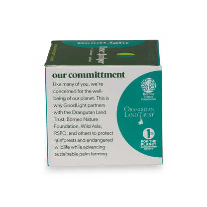 GoodLight product packaging with environmental commitment text on a white background