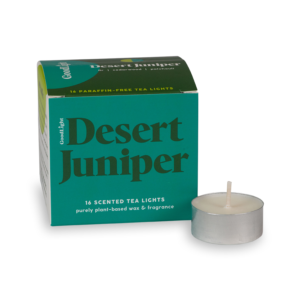 GoodLight Desert Juniper scented tea lights packaging with a single tea light in front on a white background