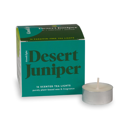 GoodLight Desert Juniper scented tea lights packaging with a single tea light in front on a white background