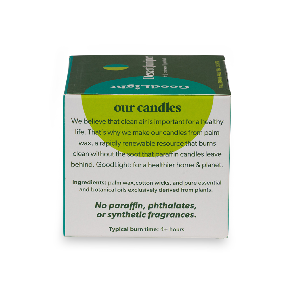 Box of GoodLight candles with text about palm wax and sustainability on a white background