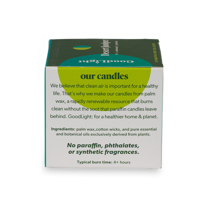 Box of GoodLight candles with text about palm wax and sustainability on a white background