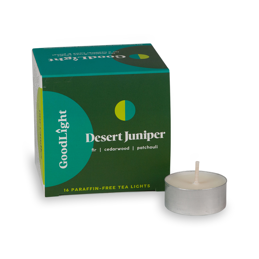 GoodLight Desert Juniper tea light candle packaging with a single candle on a white background