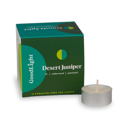 GoodLight Desert Juniper tea light candle packaging with a single candle on a white background