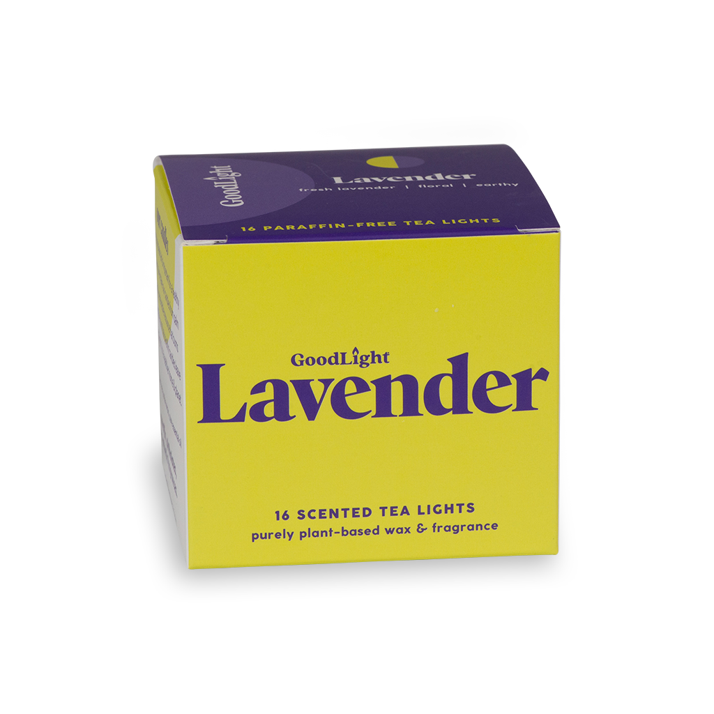 Box of GoodLight Lavender scented tea lights on a white background