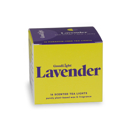 Box of GoodLight Lavender scented tea lights on a white background