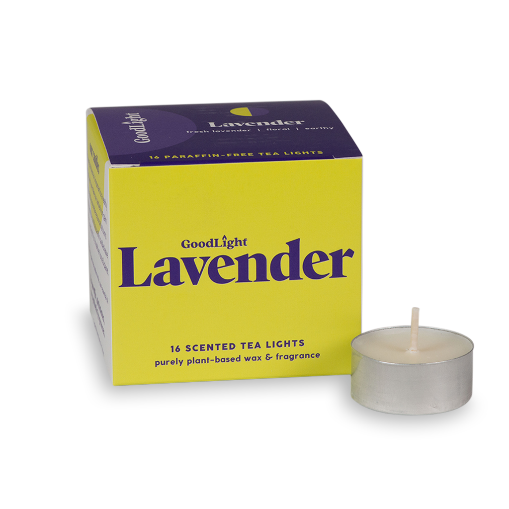 GoodLight Lavender scented tea lights packaging with a single tea light in front on a white background