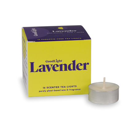 GoodLight Lavender scented tea lights packaging with a single tea light in front on a white background