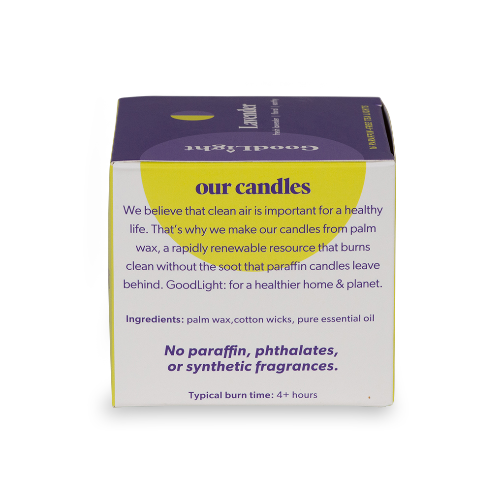 Box of GoodLight candles with text about palm wax and sustainability on a white background