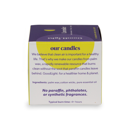 Box of GoodLight candles with text about palm wax and sustainability on a white background