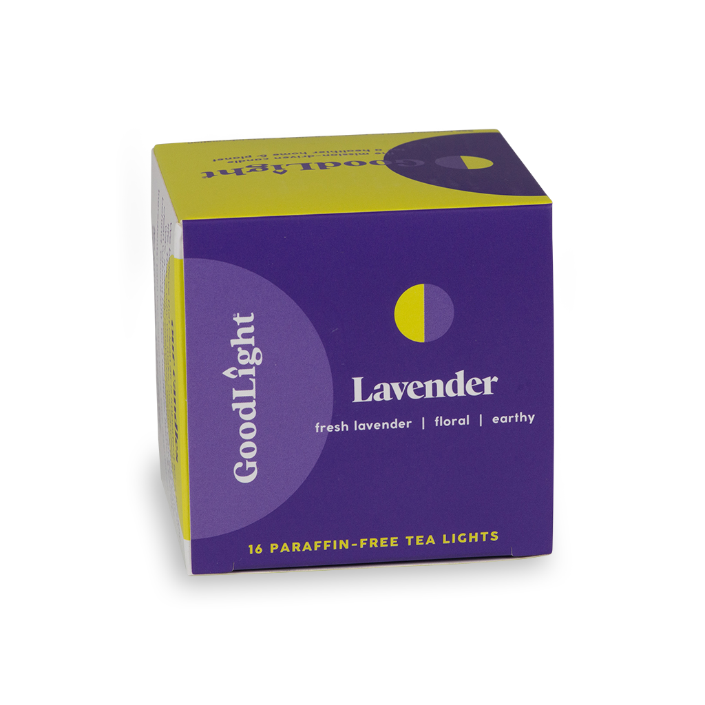Box of GoodLight Lavender tea lights on a white background