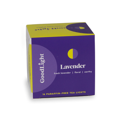 Box of GoodLight Lavender tea lights on a white background