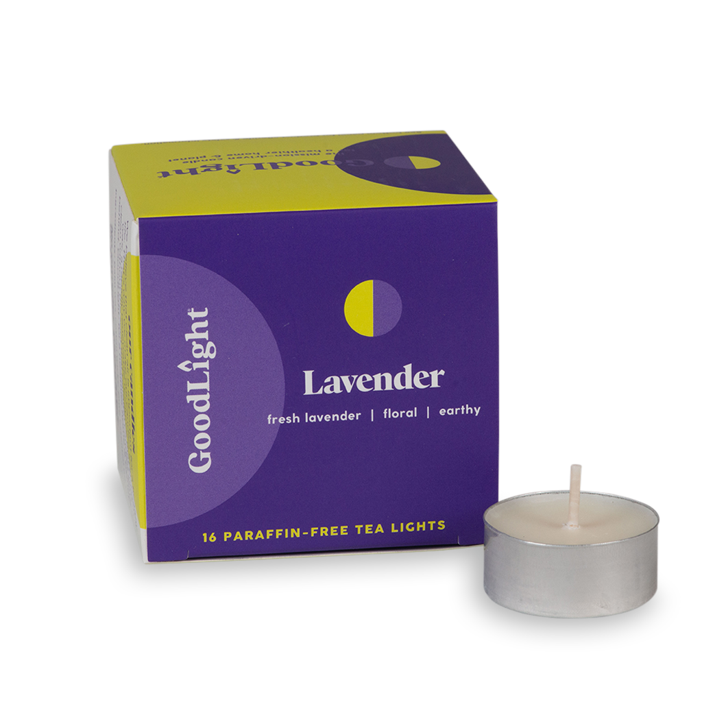 GoodLight Lavender tea light candle packaging with a single candle on a white background