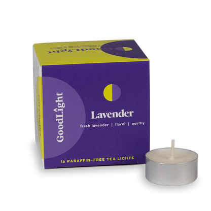 GoodLight Lavender tea light candle packaging with a single candle on a white background
