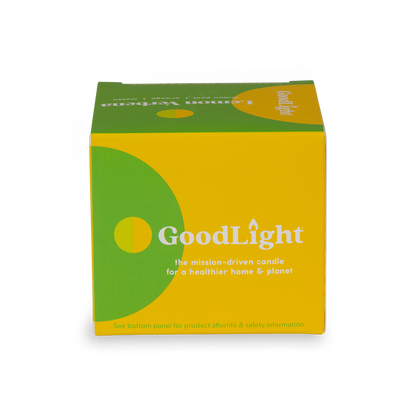 GoodLight candle packaging with green and yellow design on a white background