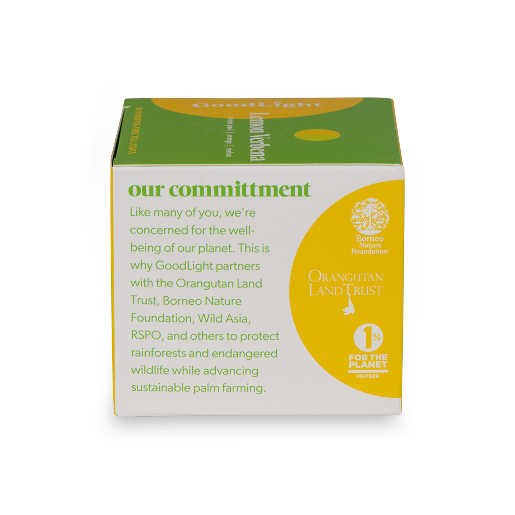 GoodLight product packaging with GoodLight's commitment to the planet on a white background