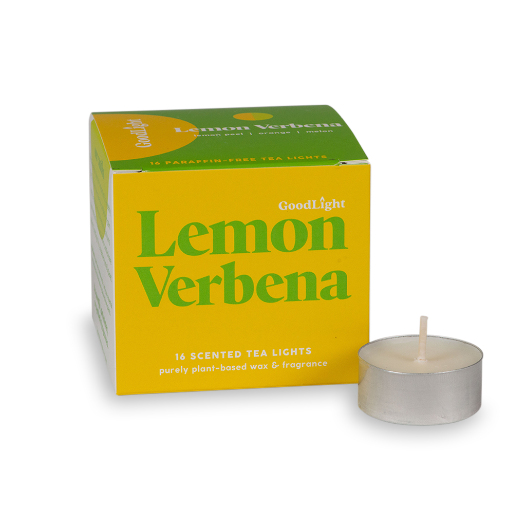 Lemon Verbena scented tea light candle with packaging on a white background