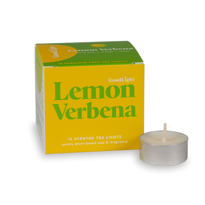 Lemon Verbena scented tea light candle with packaging on a white background