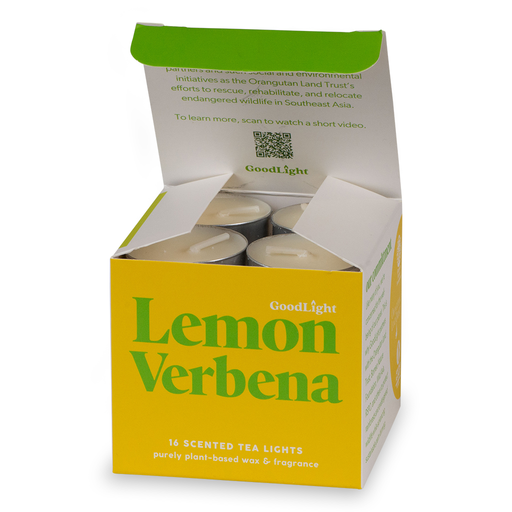 Box of Lemon Verbena scented tea lights with visible branding and product details.