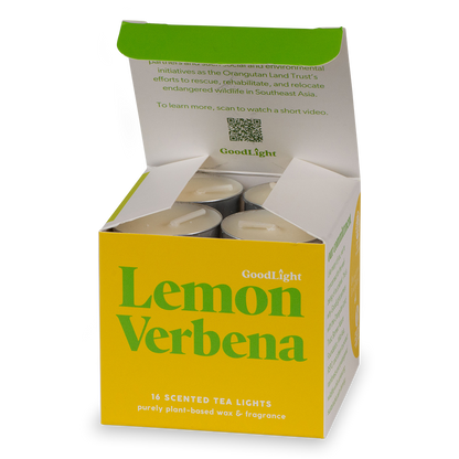 Box of Lemon Verbena scented tea lights with visible branding and product details.