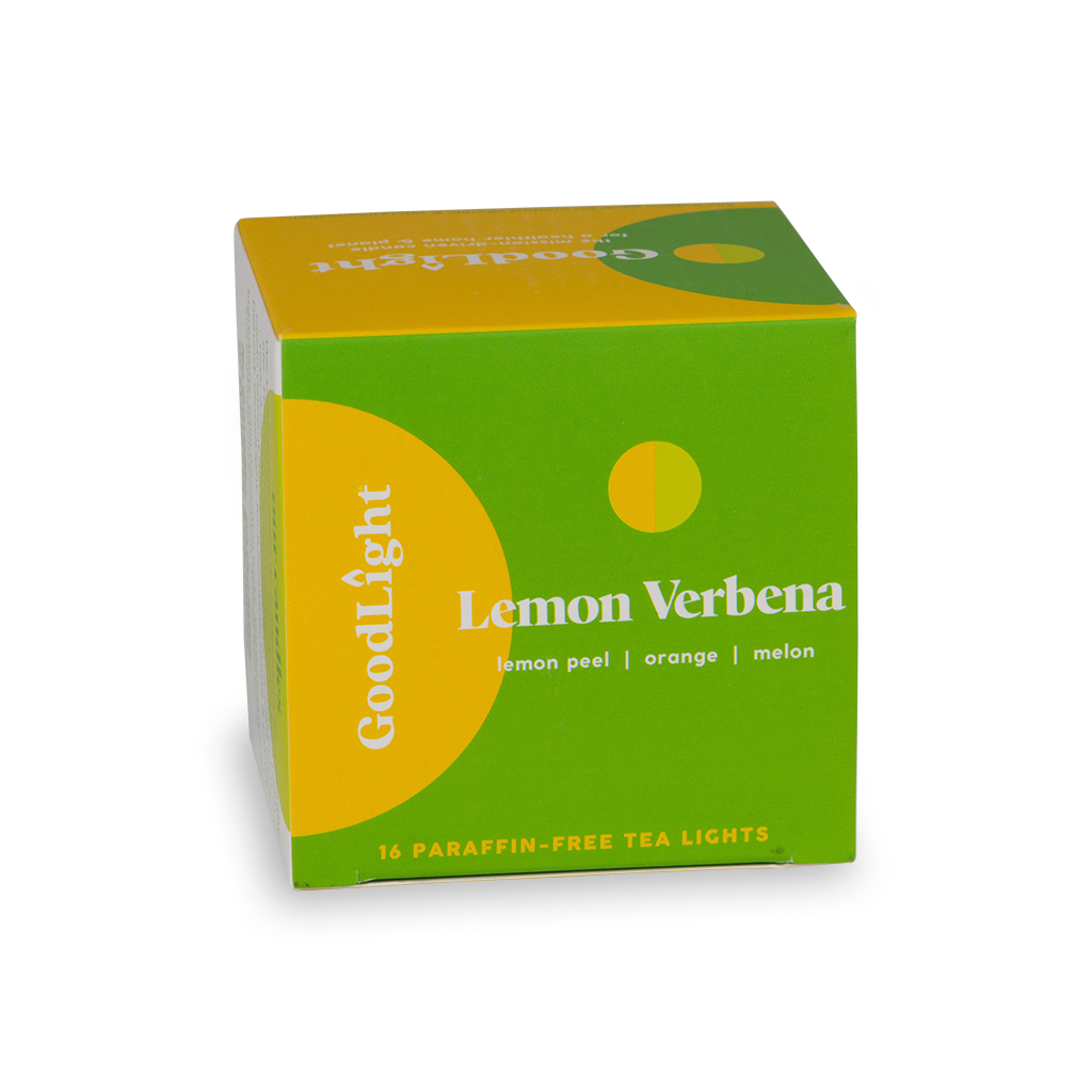 Box of GoodLight Lemon Verbena tea lights on a white background