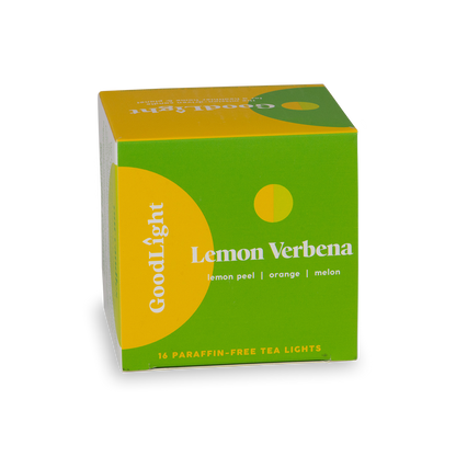Box of GoodLight Lemon Verbena tea lights on a white background