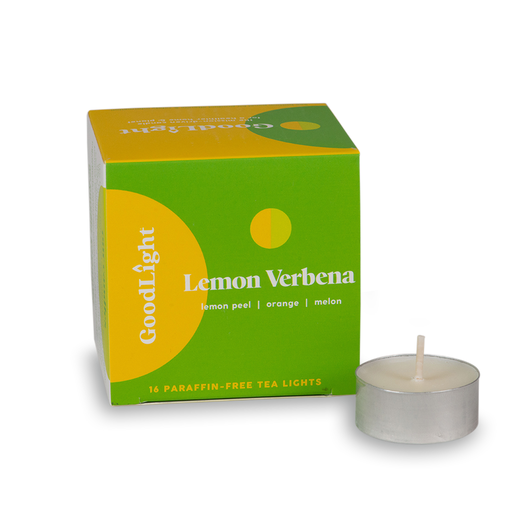 Tea light candle and GoodLight packaging with 'Lemon Verbena' branding on a white background
