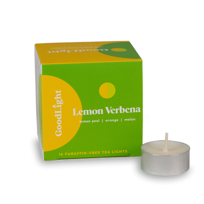 Tea light candle and GoodLight packaging with 'Lemon Verbena' branding on a white background