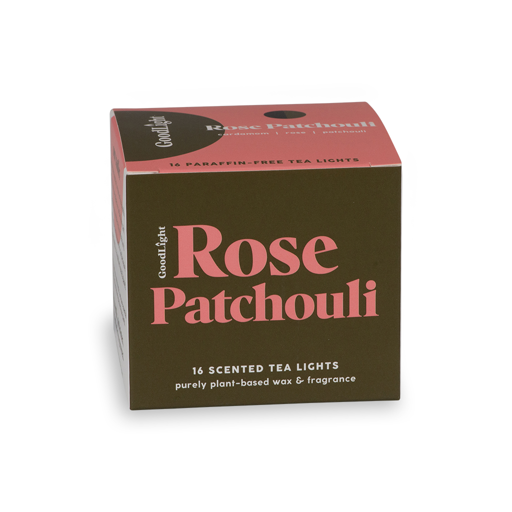 Box of GoodLight Rose Patchouli scented tea lights on a white background