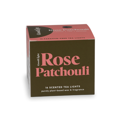 Box of GoodLight Rose Patchouli scented tea lights on a white background